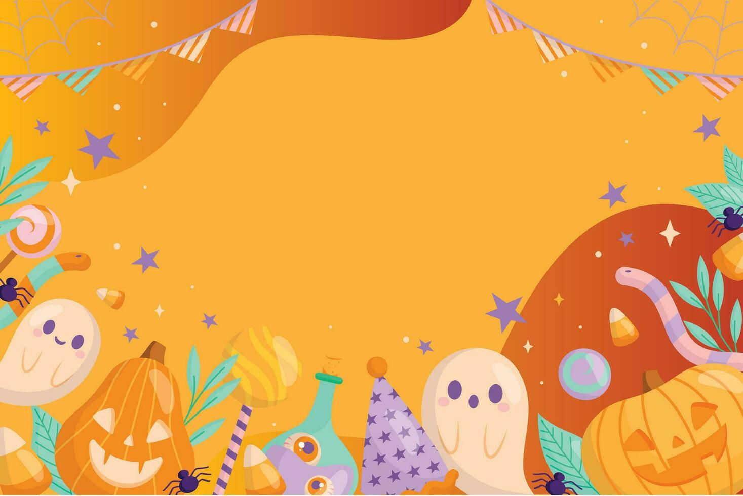 Happy Halloween party poster. Frame, night clouds, pumpkin in paper cut style. Vector illustration. Witch cauldron, spider web, flying ghost bat. Place for text. Brochure layout template background
