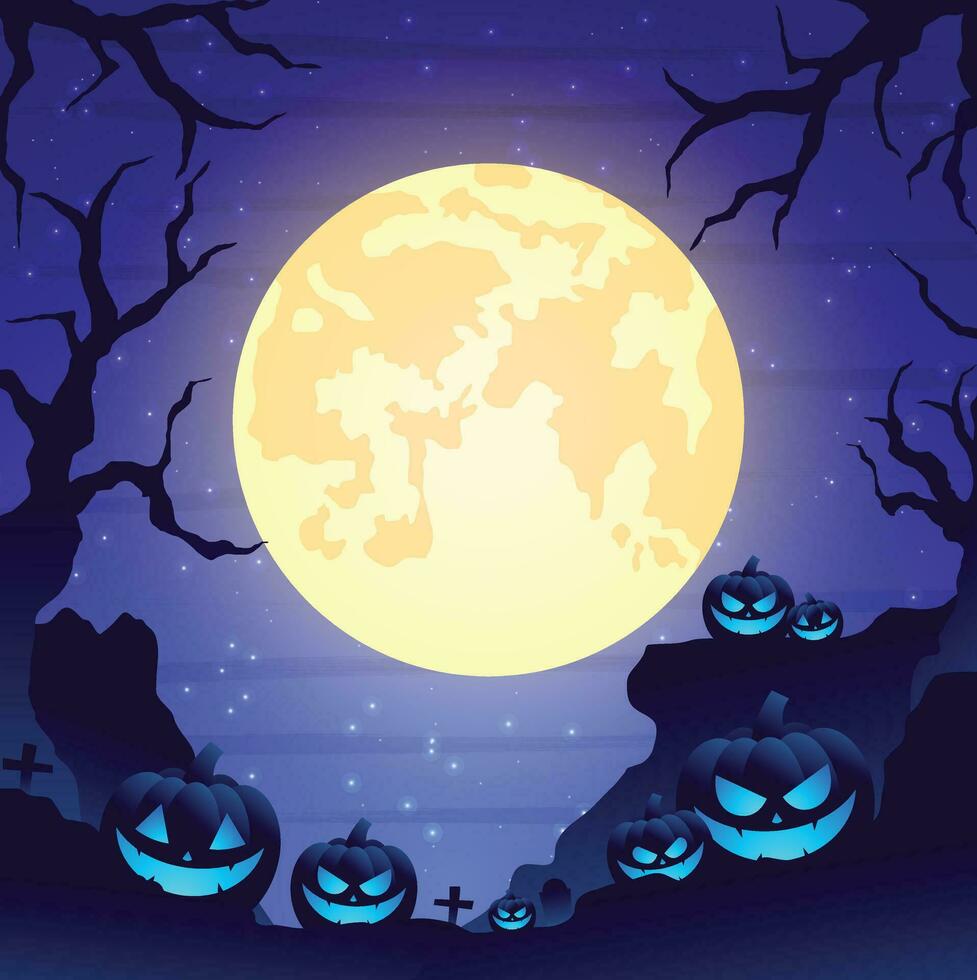 Halloween night background, pumpkins and dark castle. vector illustration.