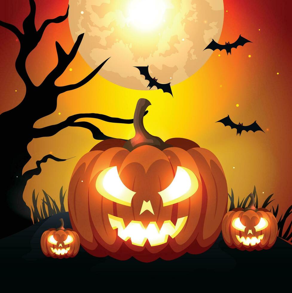 Halloween night background, pumpkins and dark castle. vector illustration.