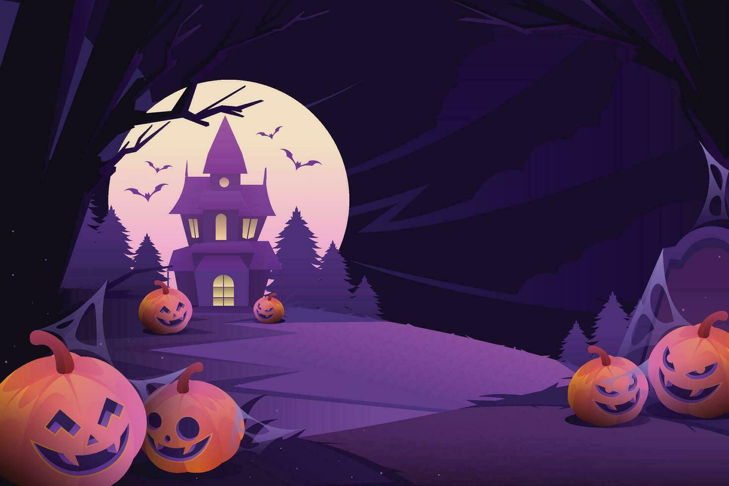 Halloween night background, pumpkins and dark castle. vector illustration.