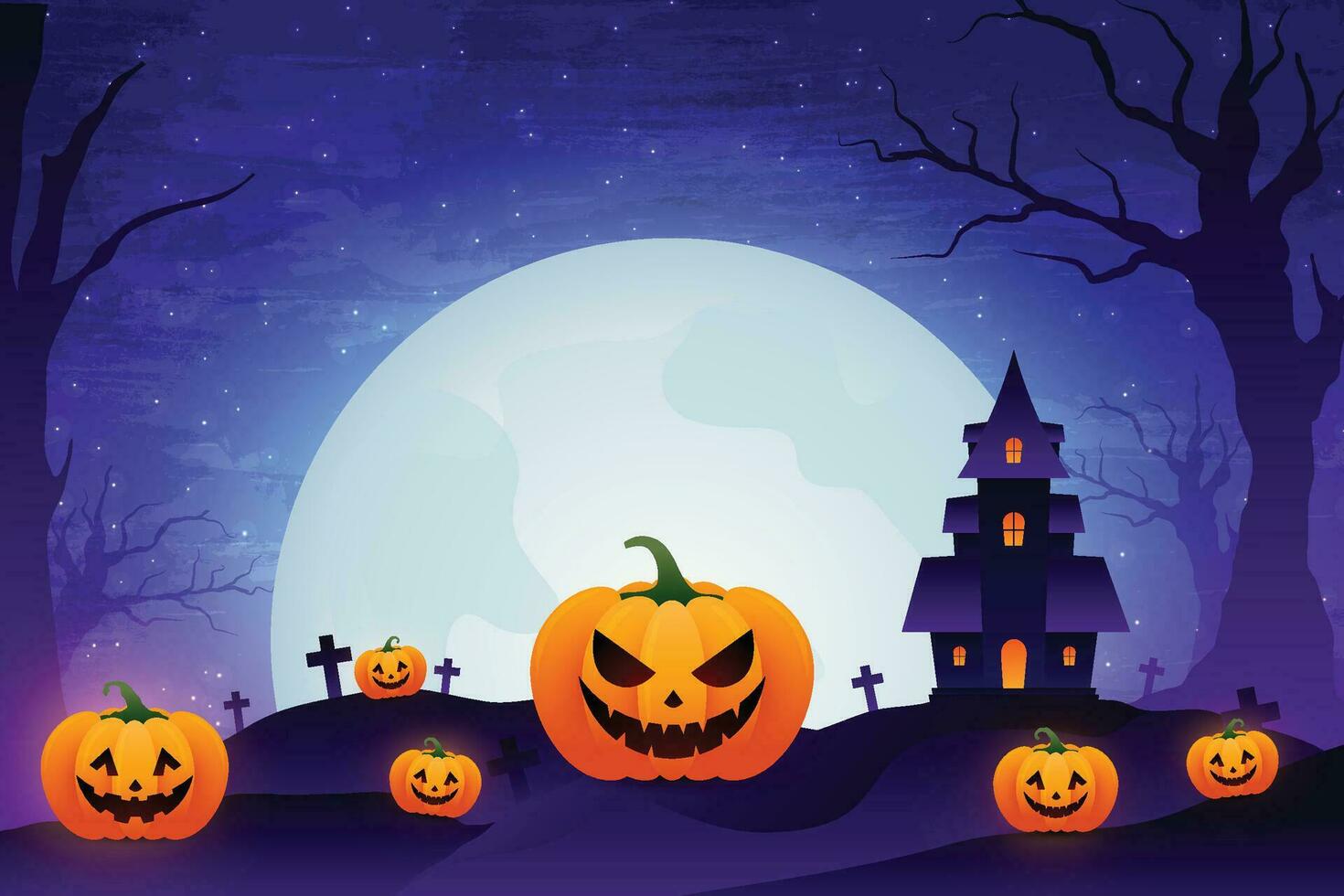 Halloween night background, pumpkins and dark castle. vector illustration.