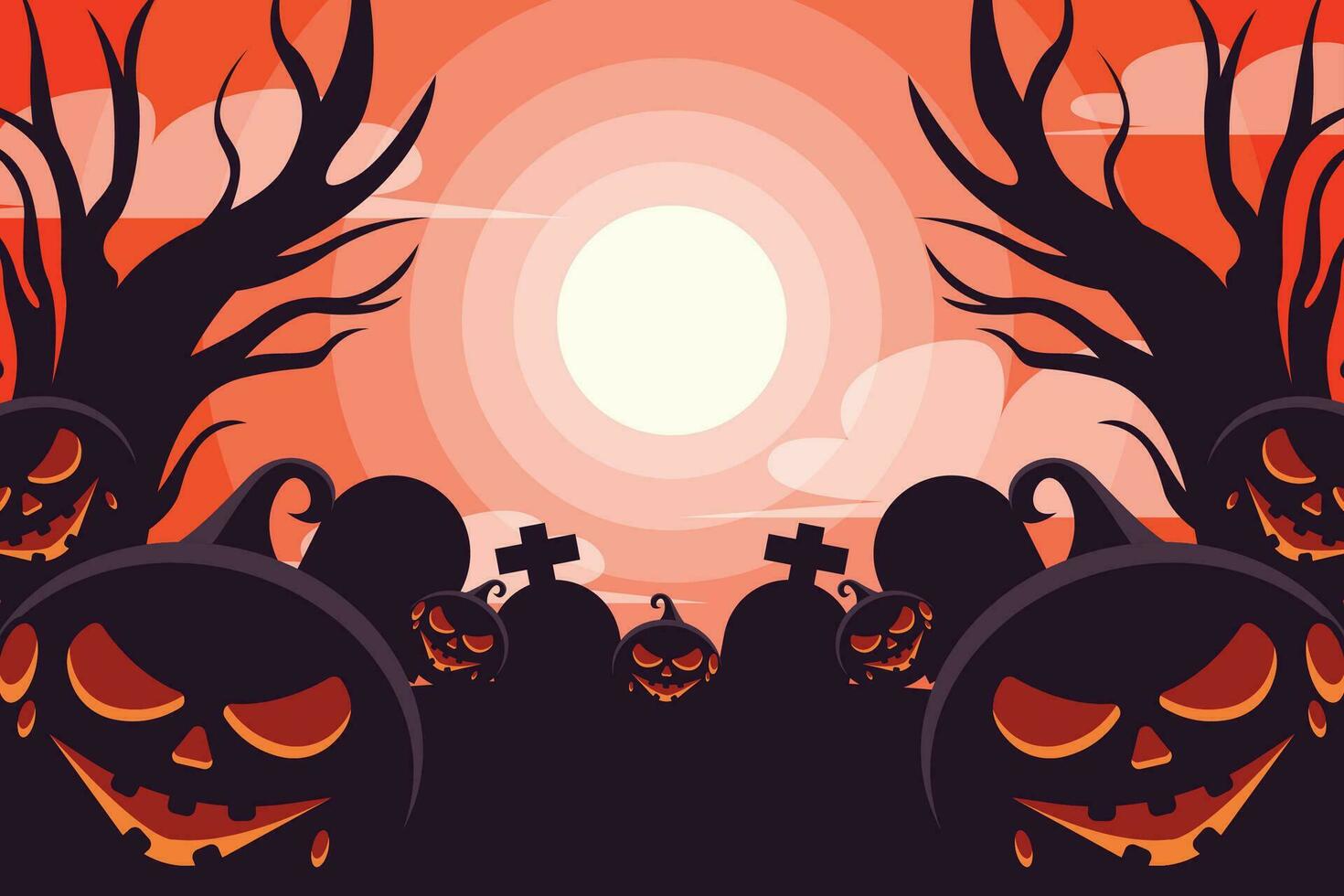 Halloween pumpkins, spooky trees and haunted house with moonlight on orange background. vector