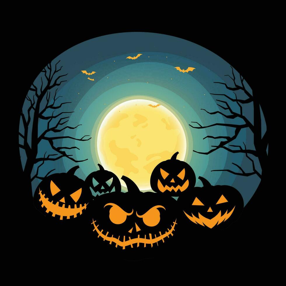 Halloween pumpkins, spooky trees and haunted house with moonlight on orange background. vector
