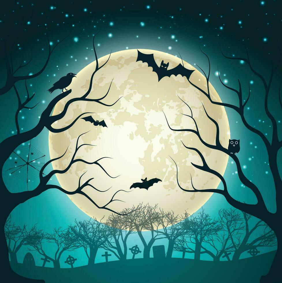 Halloween night background, pumpkins and dark castle. vector illustration.