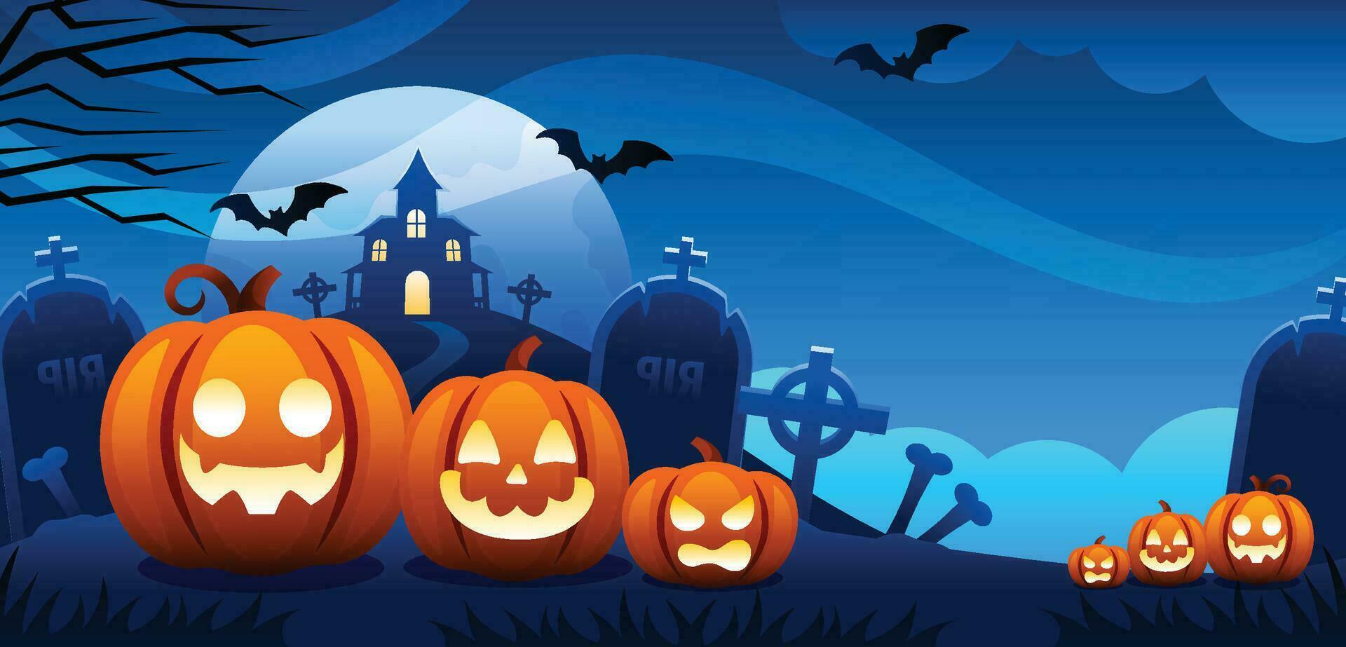 Halloween pumpkins, spooky trees and haunted house with moonlight on orange background. vector