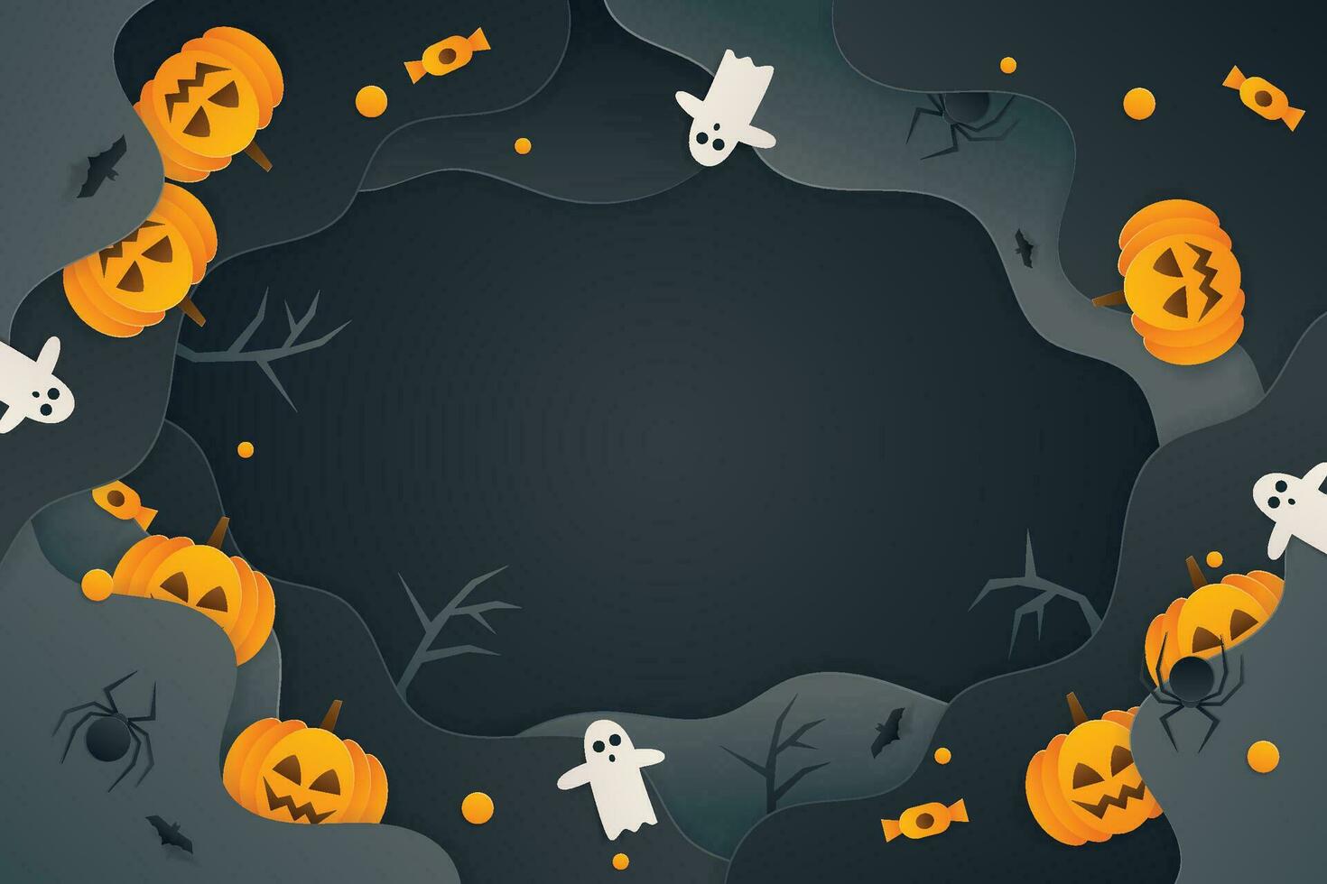 Halloween concept, Happy Jack O Lantern with wings flying among pumpkins on orange color background, minimal style, 3d render vector