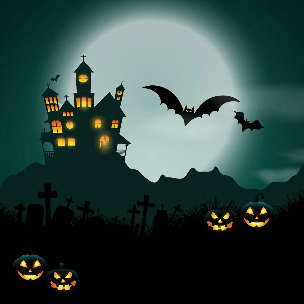 Halloween pumpkins, spooky trees and haunted house with moonlight on orange background. vector