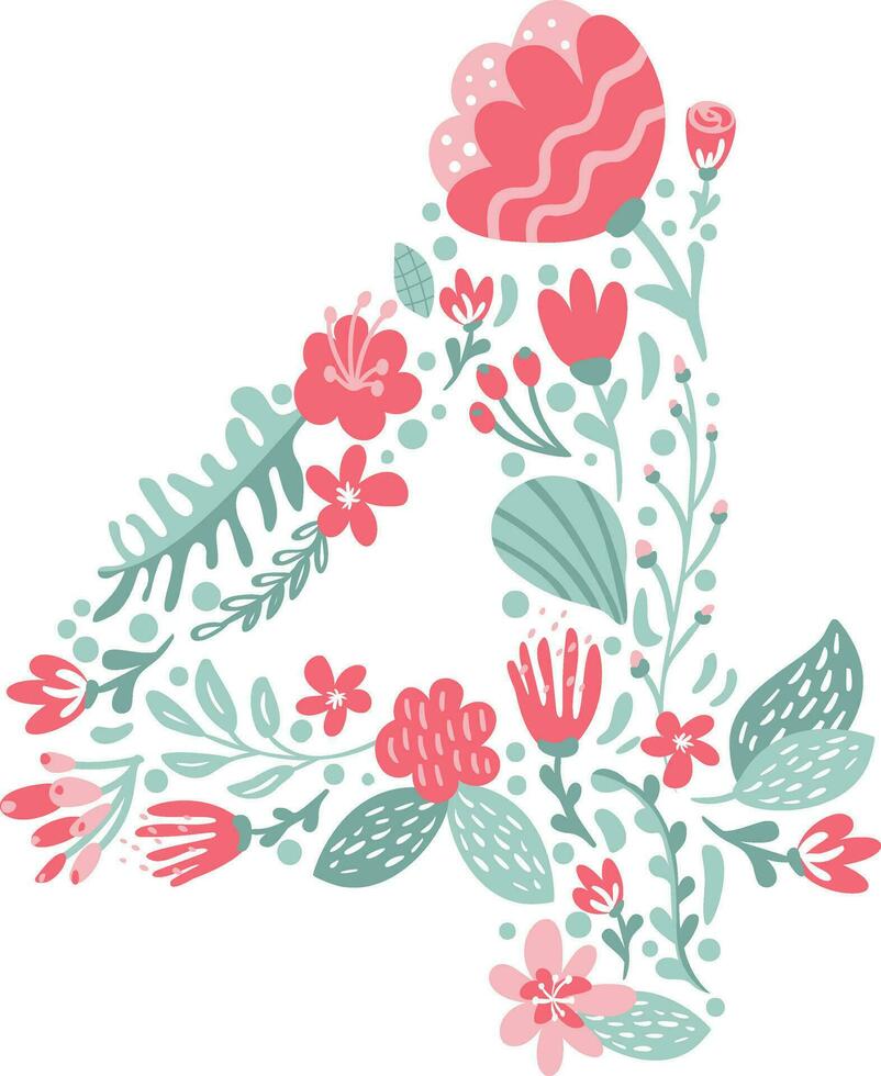 Vector Hand Drawn Font Number 4 four with Flowers and Branches Blossom Spring. Floral alphabet Typography Summer letter monogram or Logo Design wedding abc