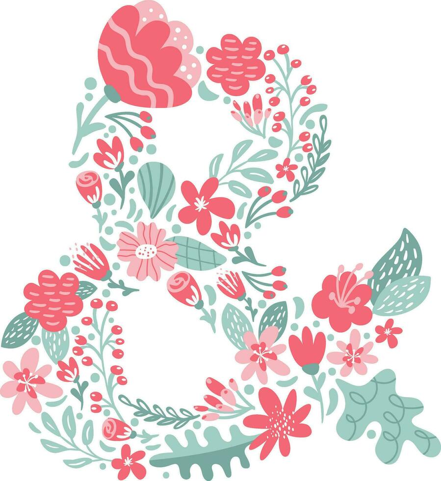 Vector Hand Drawn Font Sign ampersand with Flowers and Branches Blossom Spring. Floral alphabet Typography Summer letter monogram or Logo Design wedding abc