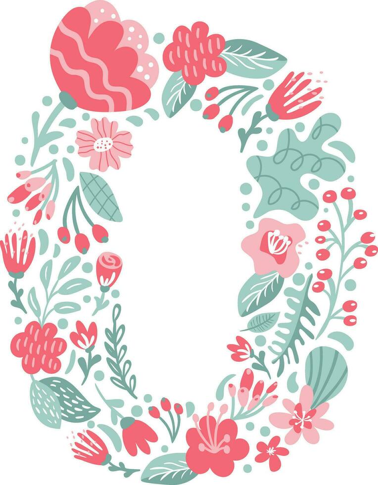 Vector Hand Drawn Font Number 0 zero with Flowers and Branches Blossom Spring. Floral alphabet Typography Summer letter monogram or Logo Design wedding abc