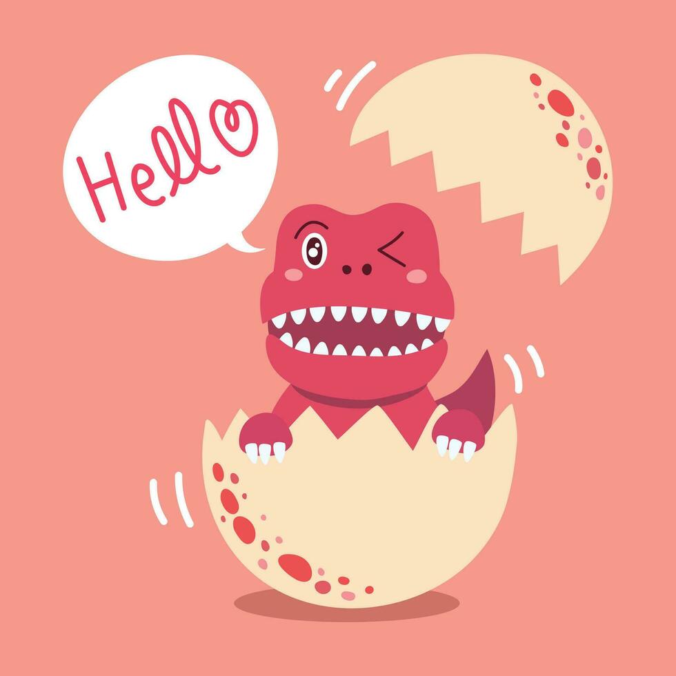 Greeting Card with Pink baby dinosaur say hello. vector