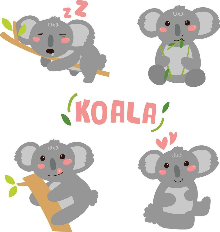 Set of cute koala in various action. vector