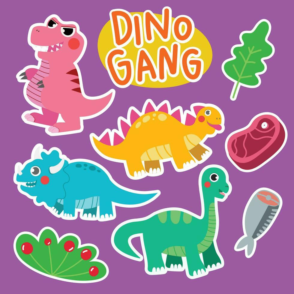 conjunto de dinosaurio linda personaje aislar en púrpura antecedentes. linda dinosaurio pegatinas elemento. vector