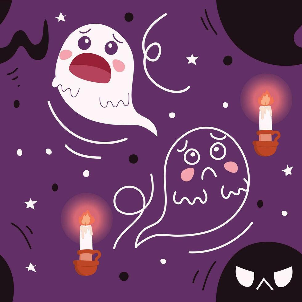 Cute ghost doodle seamless pattern. Black and White ghost doodle on purple Background. vector