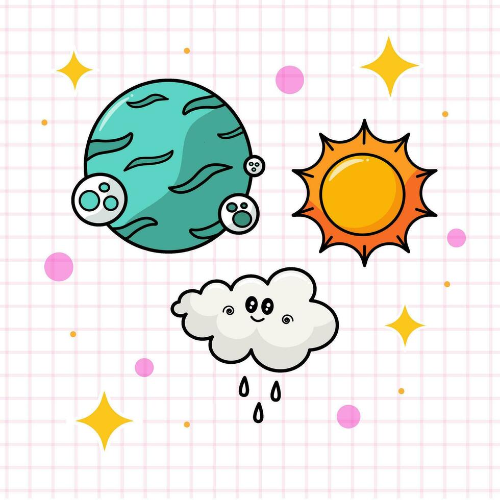 Cute Cloud with Planet and Sun Vector