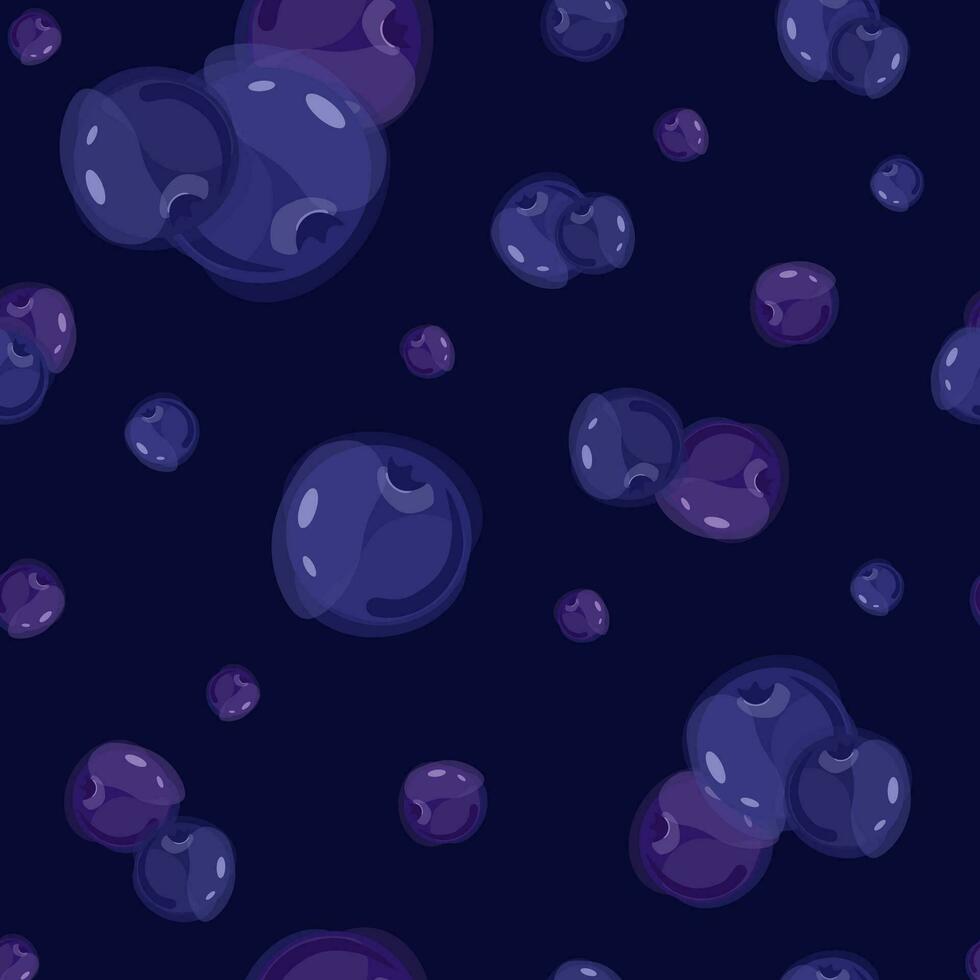 Juicy blueberry pattern on dark blue background with blue berries of different sizes. Seamless. Summer. Vector