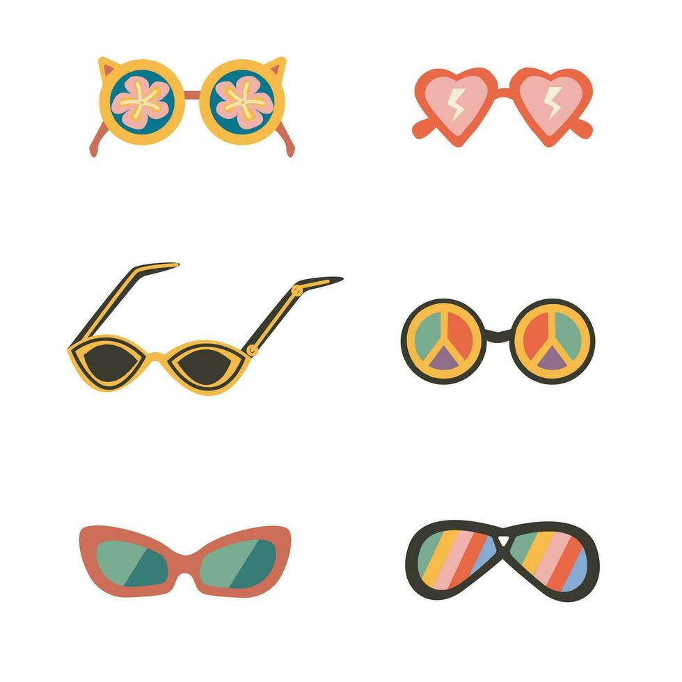 conjunto de 6 6 retro Gafas de sol, Clásico vector ilustración. nostálgico 70s-90s vibraciones para Moda pegatina, parches y insignias