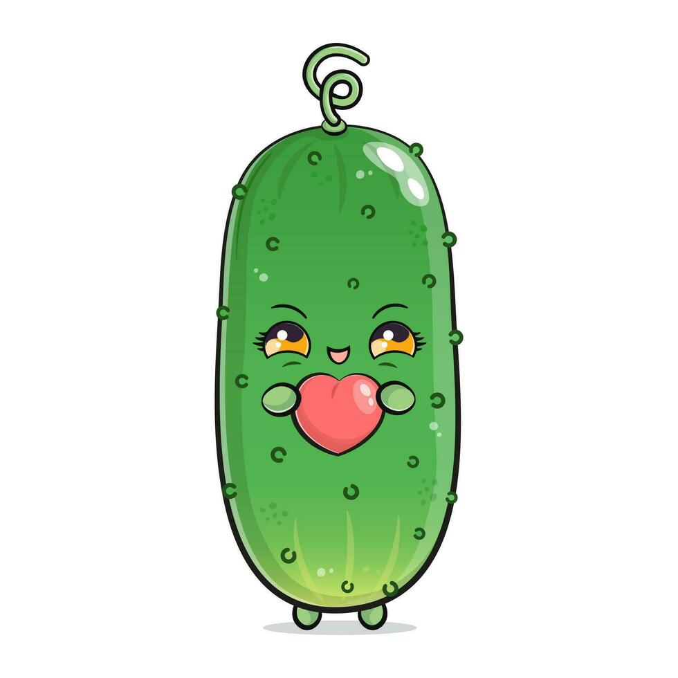 Cucumber with heart in hand. Vector hand drawn cartoon kawaii character illustration icon. Isolated on white background. Cucumber character concept