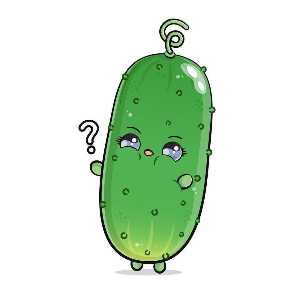 Cucumber and question mark. Vector hand drawn cartoon kawaii character illustration icon. Isolated on white background. Cucumber character concept