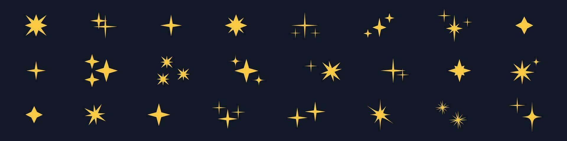Magic yellow Shine. Sparkling line, doodle icons with twinkling stars. Isolated vector illustrations on white background.