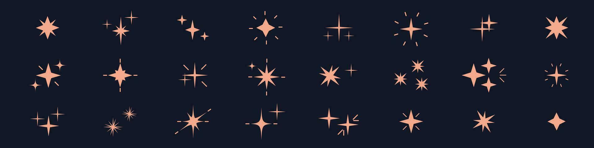 Magical star icons collection. Elements with glitter, shine and sparkle set. Light and glow lines. Vector illustrations isolated on white background.