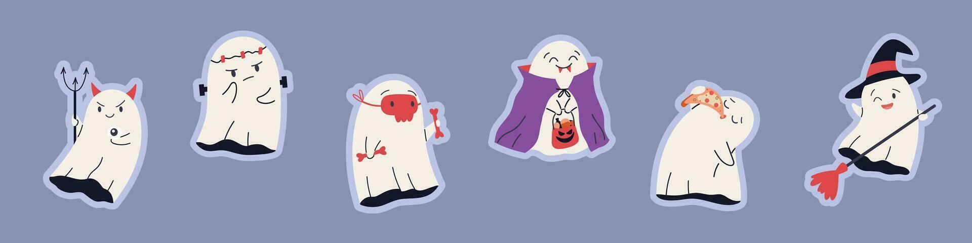 Kawaii ghosts collection. Halloween character set with scary and spooky faces. Isolated vector illustrations on a white background.