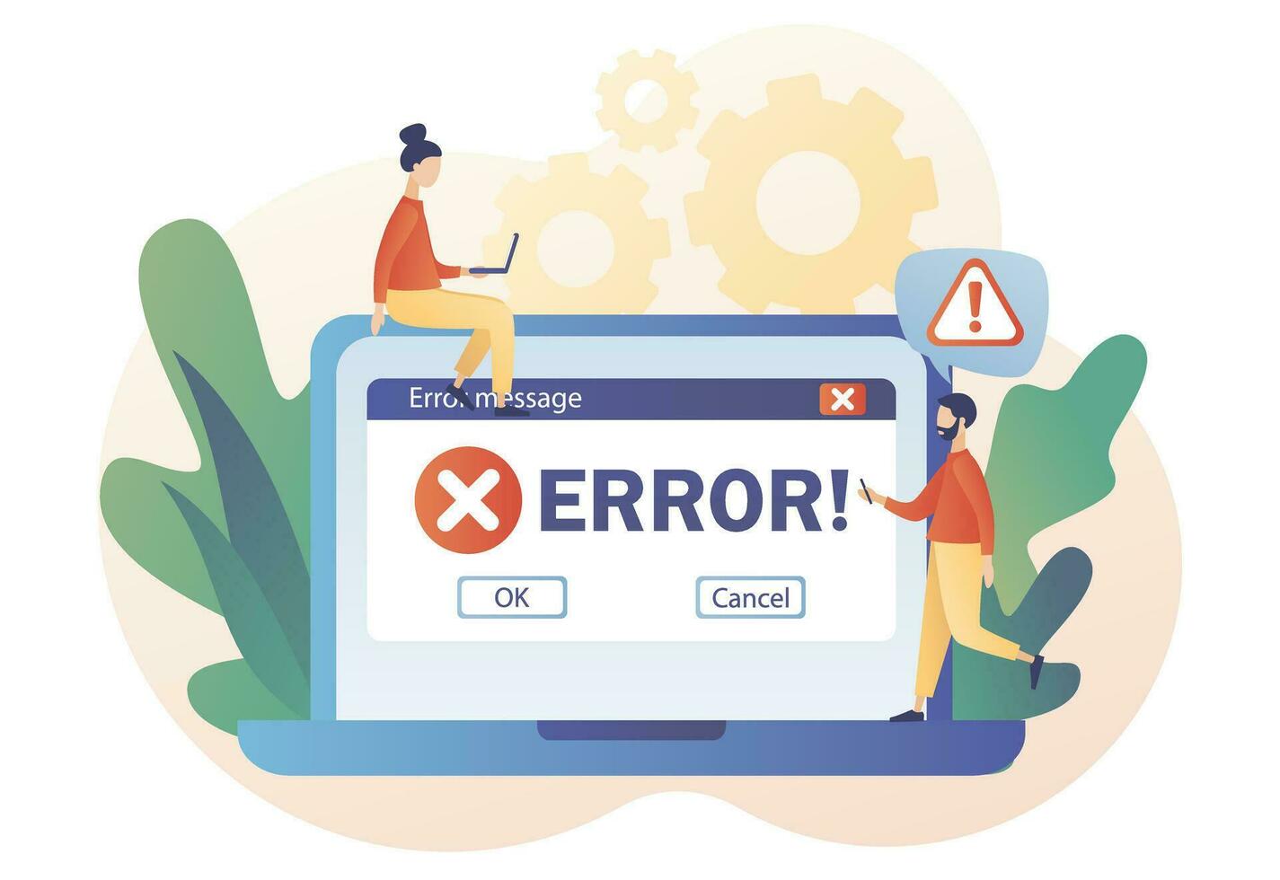 Tiny people examining operating system error warning window on computer. Error message on laptop screen. Modern flat cartoon style. Vector illustration on white background