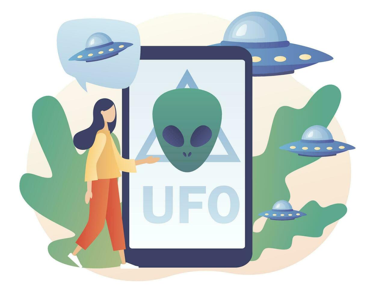 extraterrestre firmar en teléfono inteligente pantalla. OVNI naves espaciales OVNI naves espaciales espacio concepto. futurista desconocido volador objeto. mundo contacto día. moderno plano dibujos animados estilo. vector ilustración en blanco antecedentes