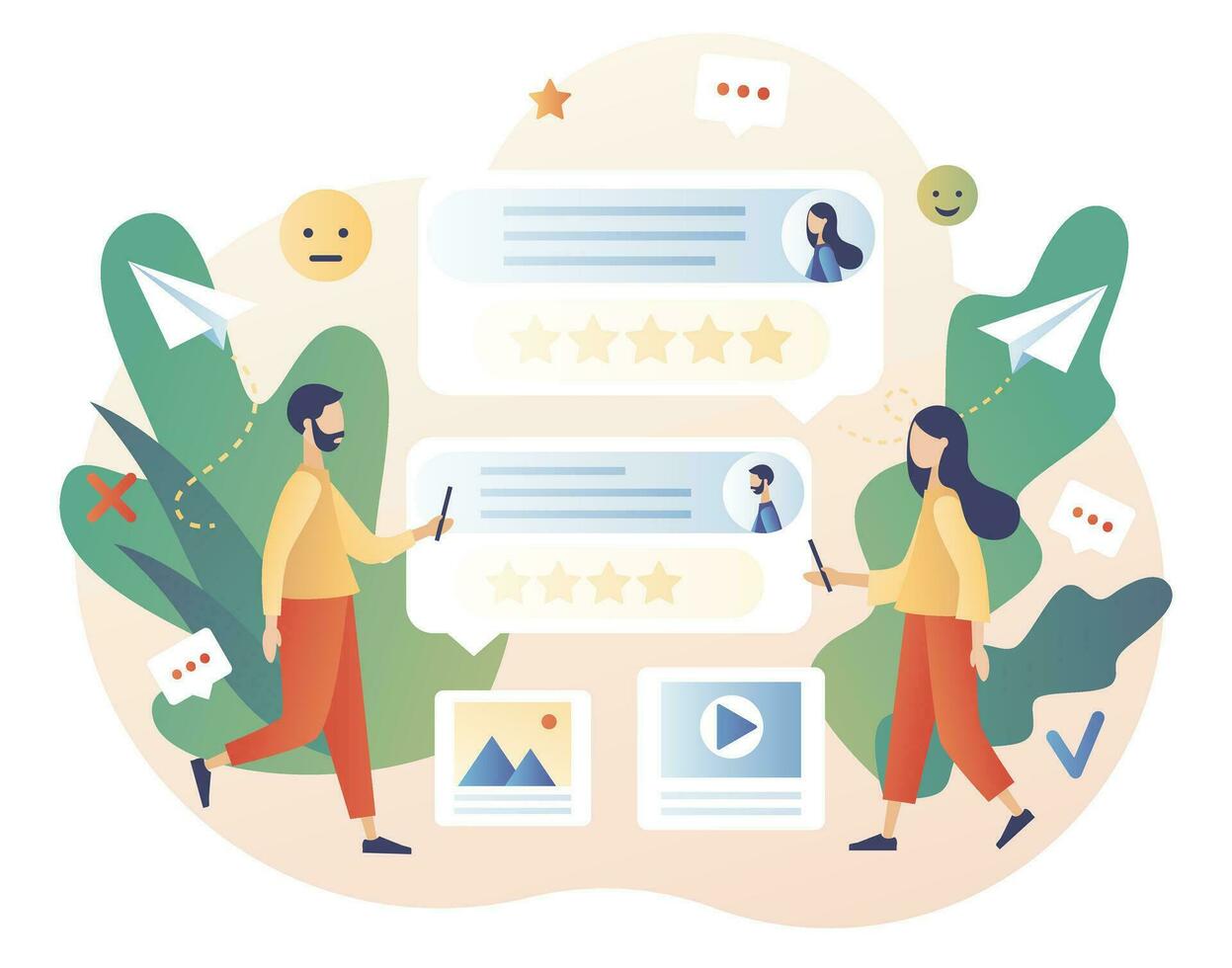 Tiny people communication in community group. Online forum concept. Internet chat messages, dialog, conversation in social media, networking. Modern flat cartoon style. Vector illustration
