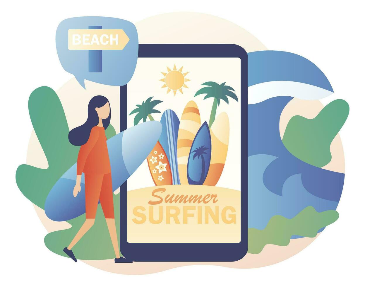 Surf Club or Shop. Summer Surfing - text on smartphone screen. Tiny woman surfer with surfboards go the beach, sea or ocean. Modern flat cartoon style. Vector illustration on white background