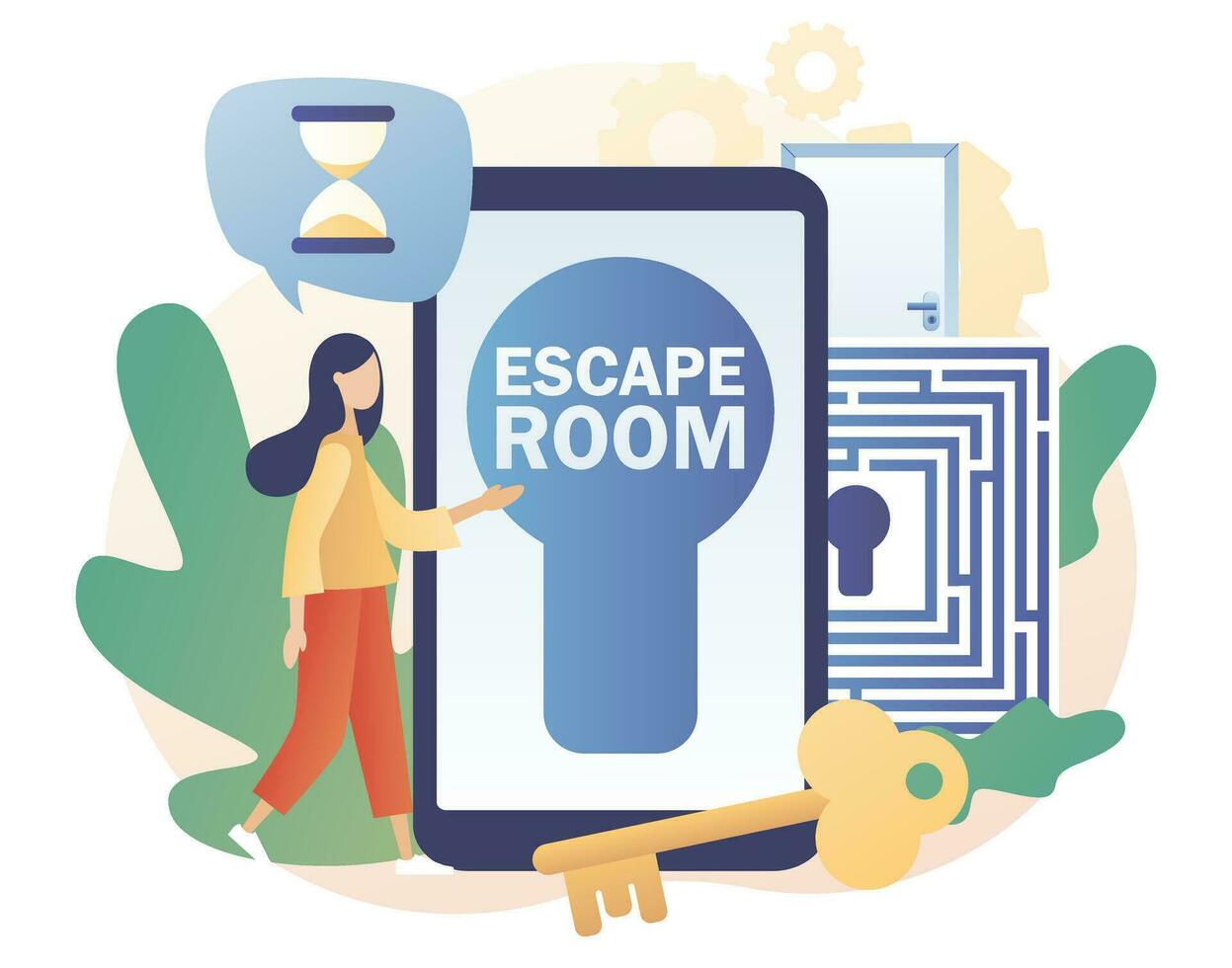 Quest room. Escape room smartphone app. Tiny girl trying to solve puzzles, find key, gettout of trap, finding conundrum solution. Exit maze. Modern flat cartoon style. Vector illustration
