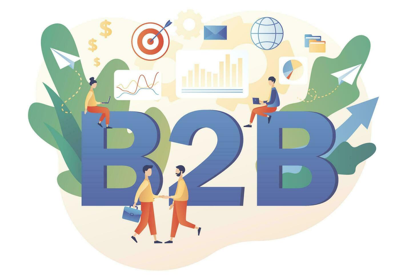 B2B. Business to business - big text. Tiny businessmen enter into agreement. Successful business collaboration. Marketing strategy, commerce. Modern flat cartoon style. Vector illustration