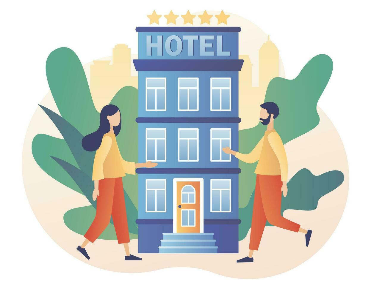 Tiny people search and choose hotel or apartment online. Booking hotel. Reservation application interface. Tourist and business trip. Modern flat cartoon style. Vector illustration on white background