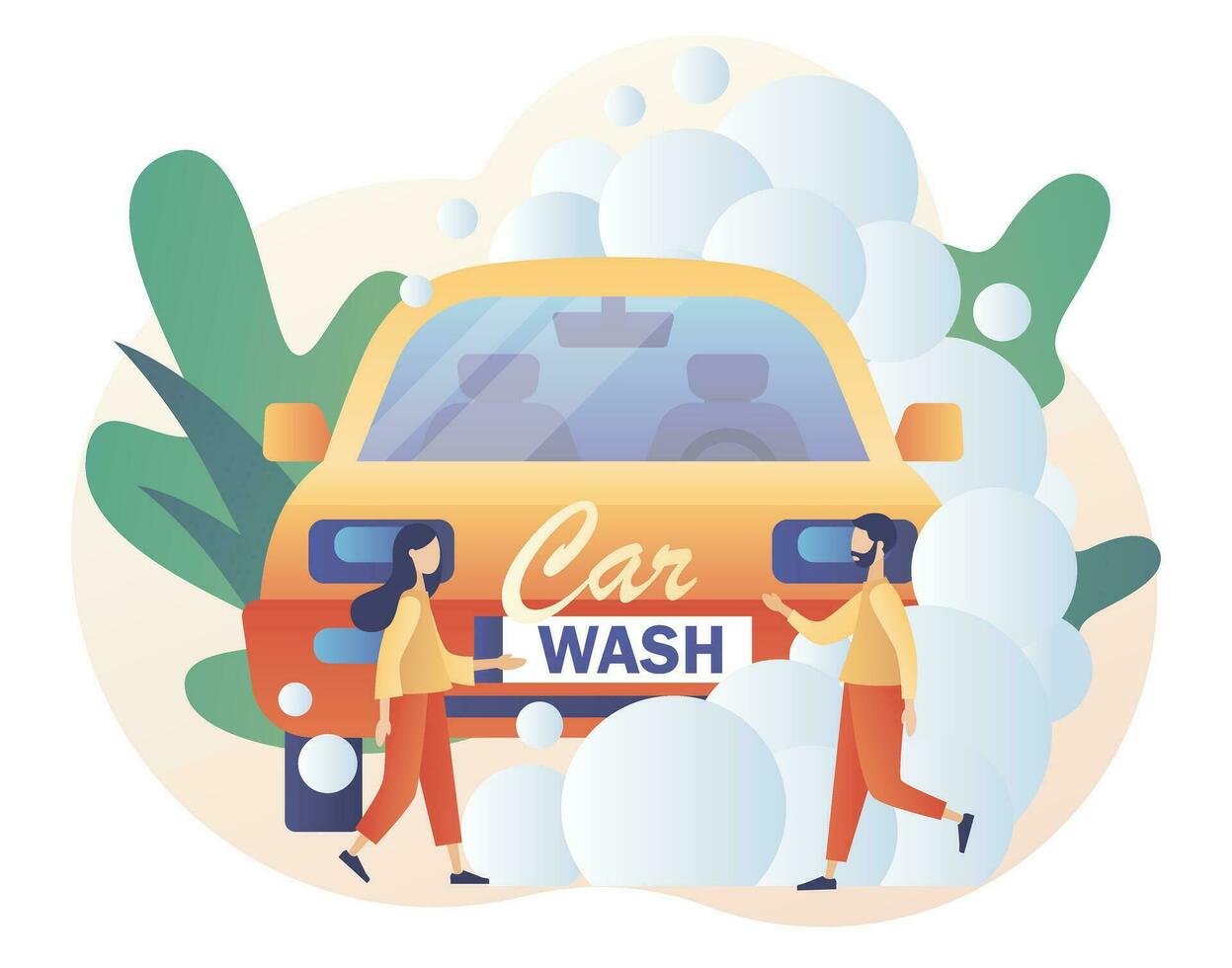 Car wash service. Tiny people washing automobile with water and foam. Transport is clean. Modern flat cartoon style. Vector illustration on white background