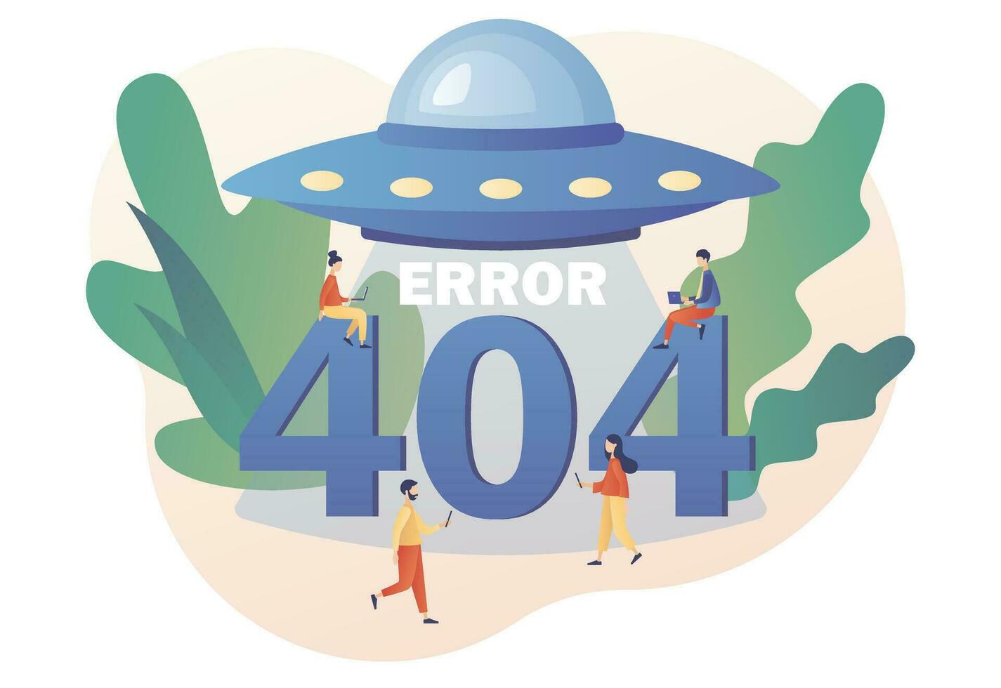 404 error. OVNI. página no encontró. minúsculo personas actualizaciones sistema, instalación programas, sistema mantenimiento. moderno plano dibujos animados estilo. vector ilustración en blanco antecedentes