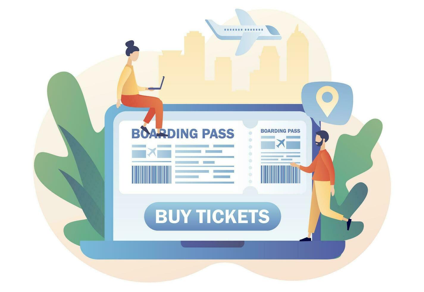 International airline. Airline boarding pass ticket on laptop web site. Tiny people booking flights travel online. Buy ticket online. Modern flat cartoon style. Vector illustration on white background