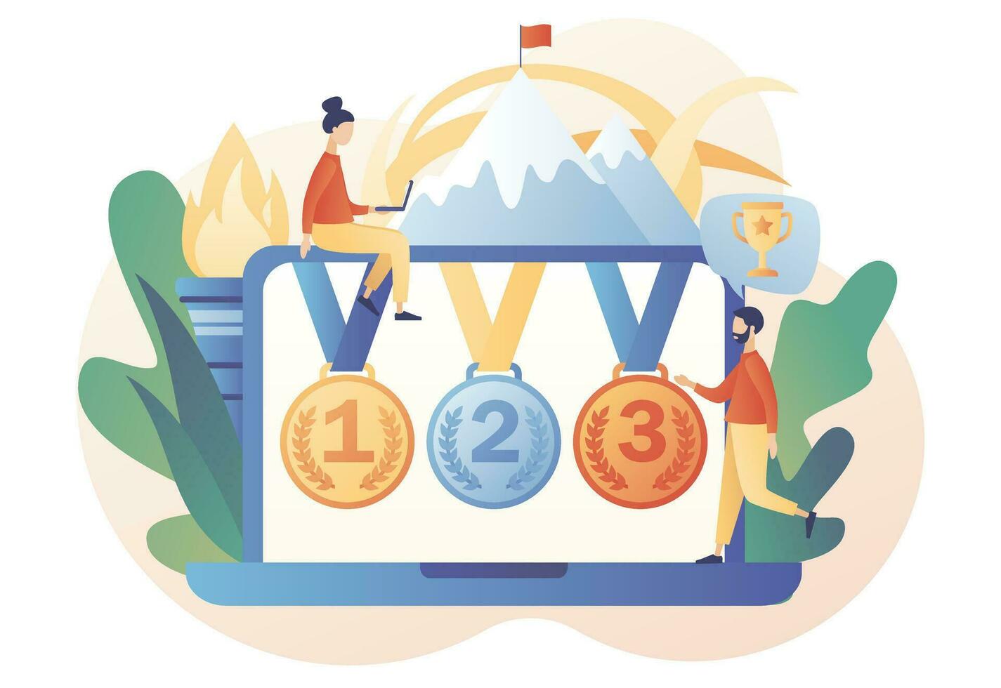 Gold silver and bronze medals on laptop screen. Sport games and competition. Tiny people athletic winners. Modern flat cartoon style. Vector illustration on white background
