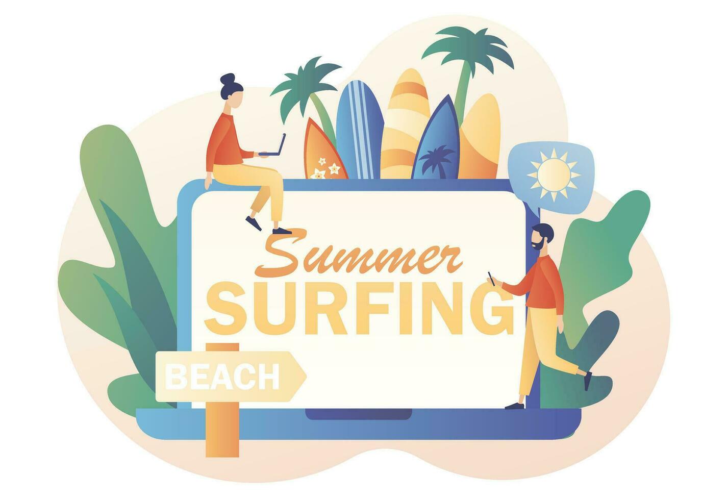 Surf Club or Shop. Summer Surfing - text on laptop screen. Tiny people surfers with surfboards go the beach, sea or ocean. Modern flat cartoon style. Vector illustration on white background