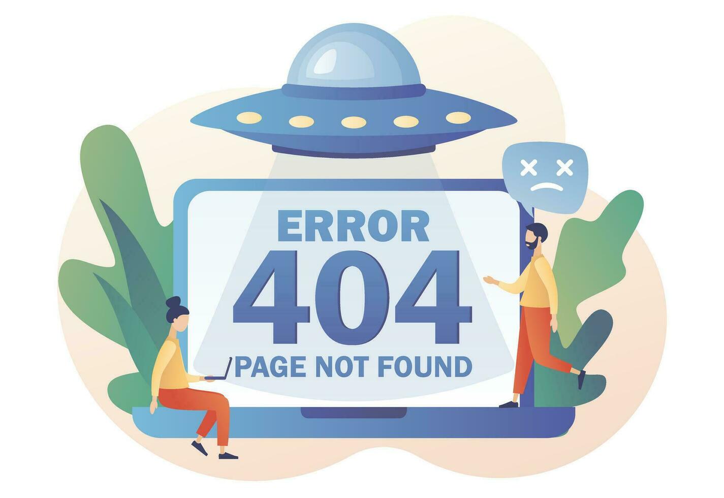 404 error, Page not found- text on laptop screen. UFO. Tiny people updates system, installation programs, system maintenance. Modern flat cartoon style. Vector illustration on white background