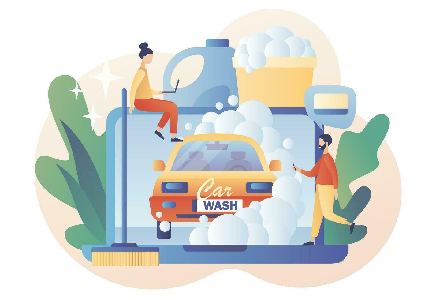 Tiny people washing automobile with water and foam. Car wash service web site. Transport is clean. Modern flat cartoon style. Vector illustration on white background