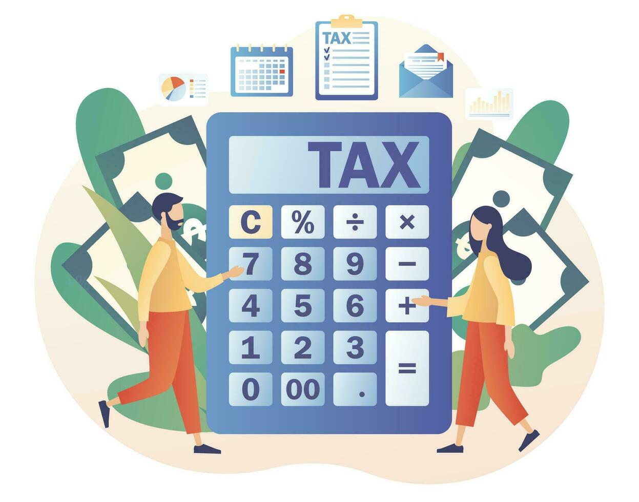 Calculator with Tax payment. Tiny people filling tax form and pay bills. Business concept. Financial charge, obligatory payment calculating. Modern flat cartoon style. Vector illustration