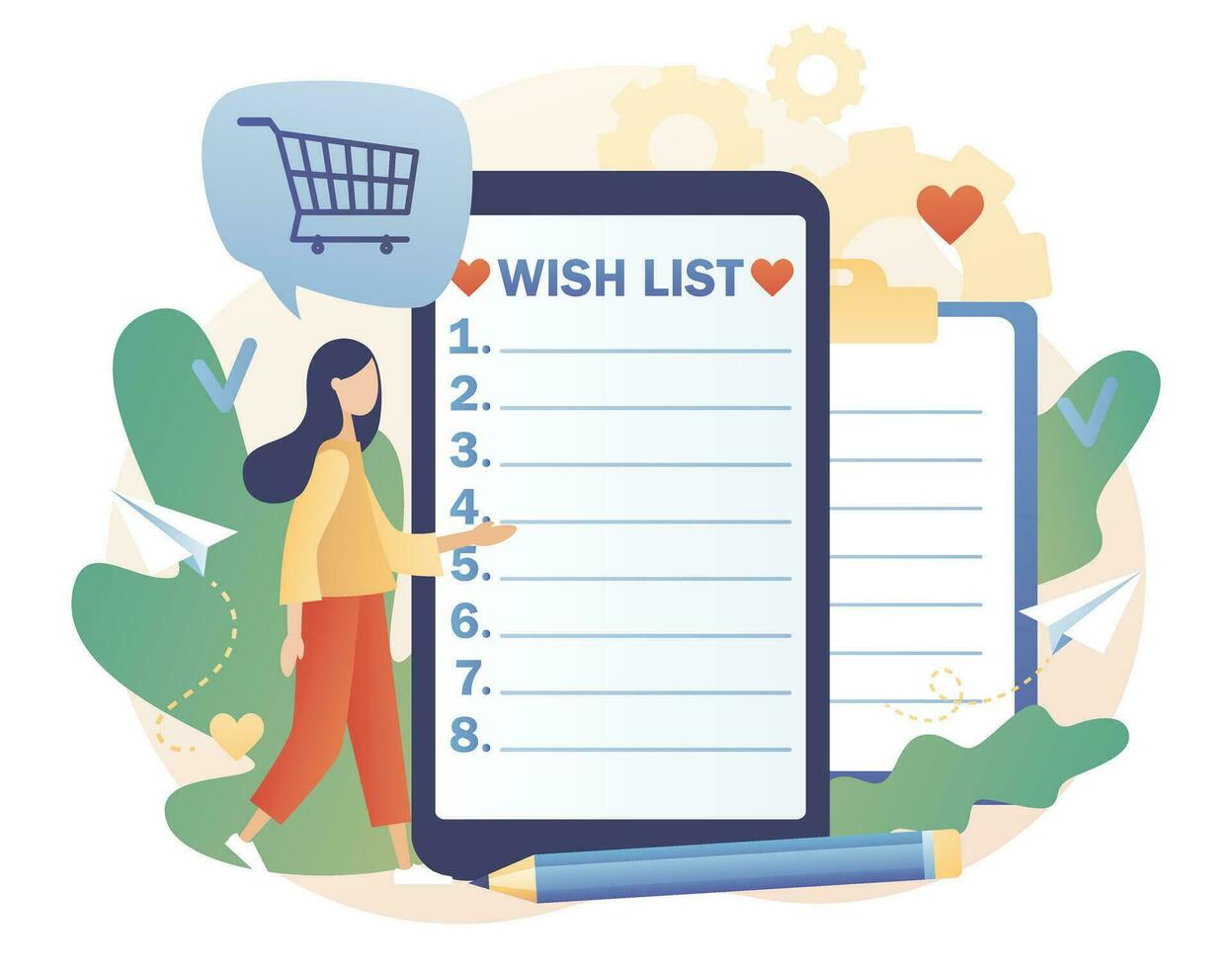 Wishlist in smartphone app. Personal favourites list. Gift and shopping list. Tiny woman writing down wishes. Order and payment. Modern flat cartoon style. Vector illustration on white background