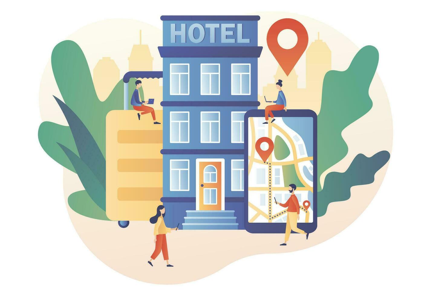 Tiny people search, choose and reservation hotel or apartment. Booking hotel online. Tourist and business trip. Modern flat cartoon style. Vector illustration on white background