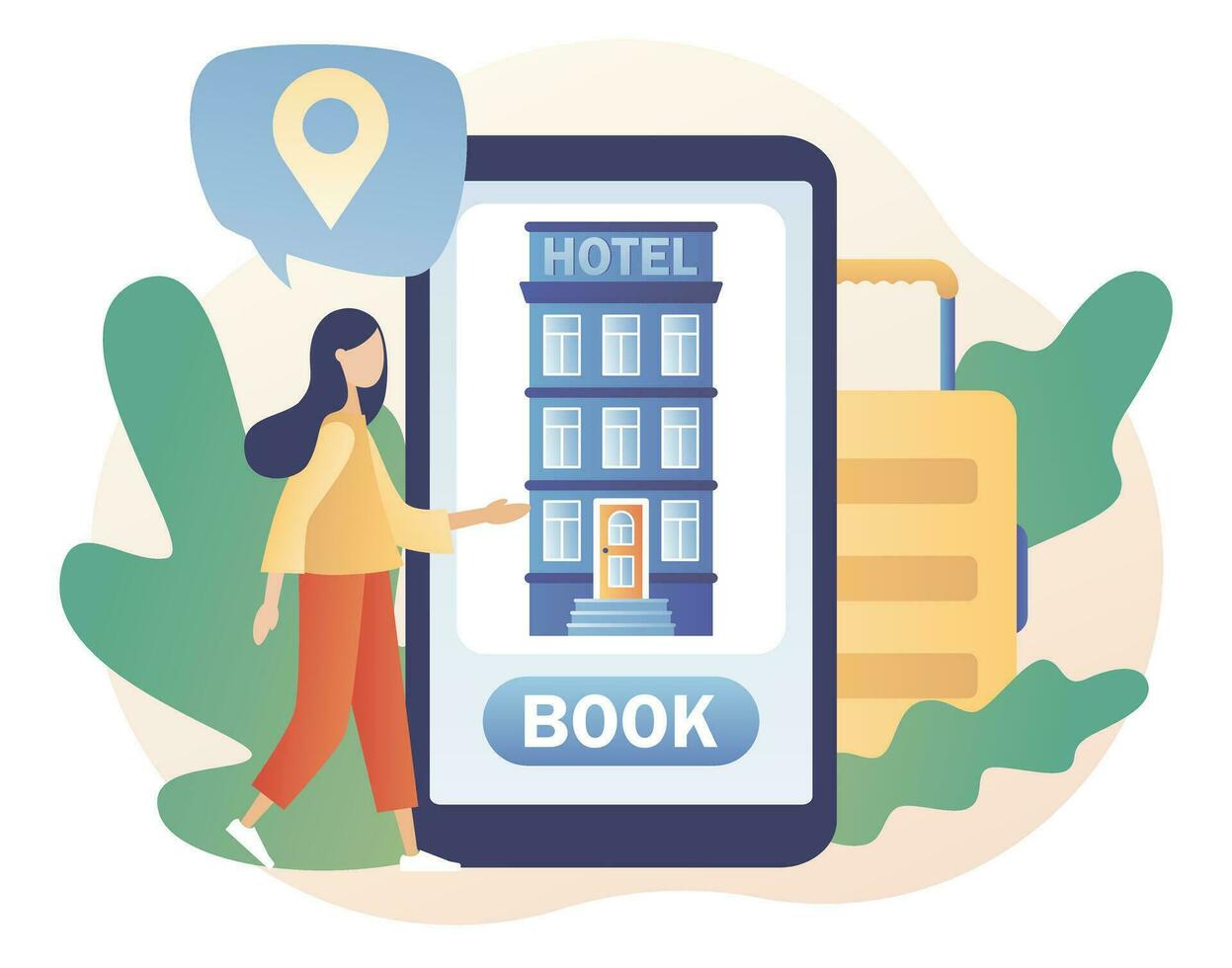 Tiny woman search, choose and reservation hotel or apartment in smartphone app. Booking hotel online. Tourist and business trip. Modern flat cartoon style. Vector illustration on white background