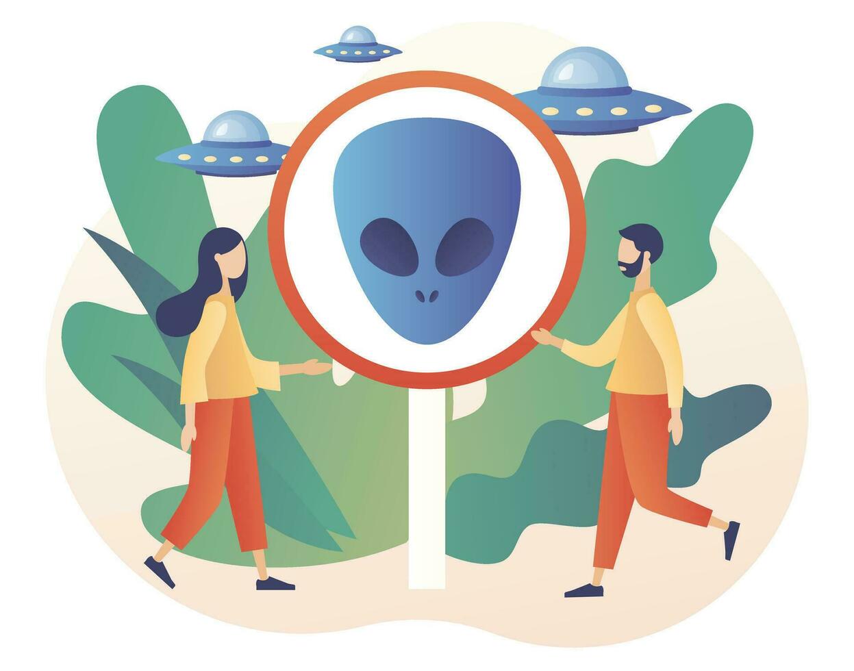 World Contact day. Alien sign and tiny people. UFO spaceships. Space concept. Futuristic unknown flying object. Modern flat cartoon style. Vector illustration on white background