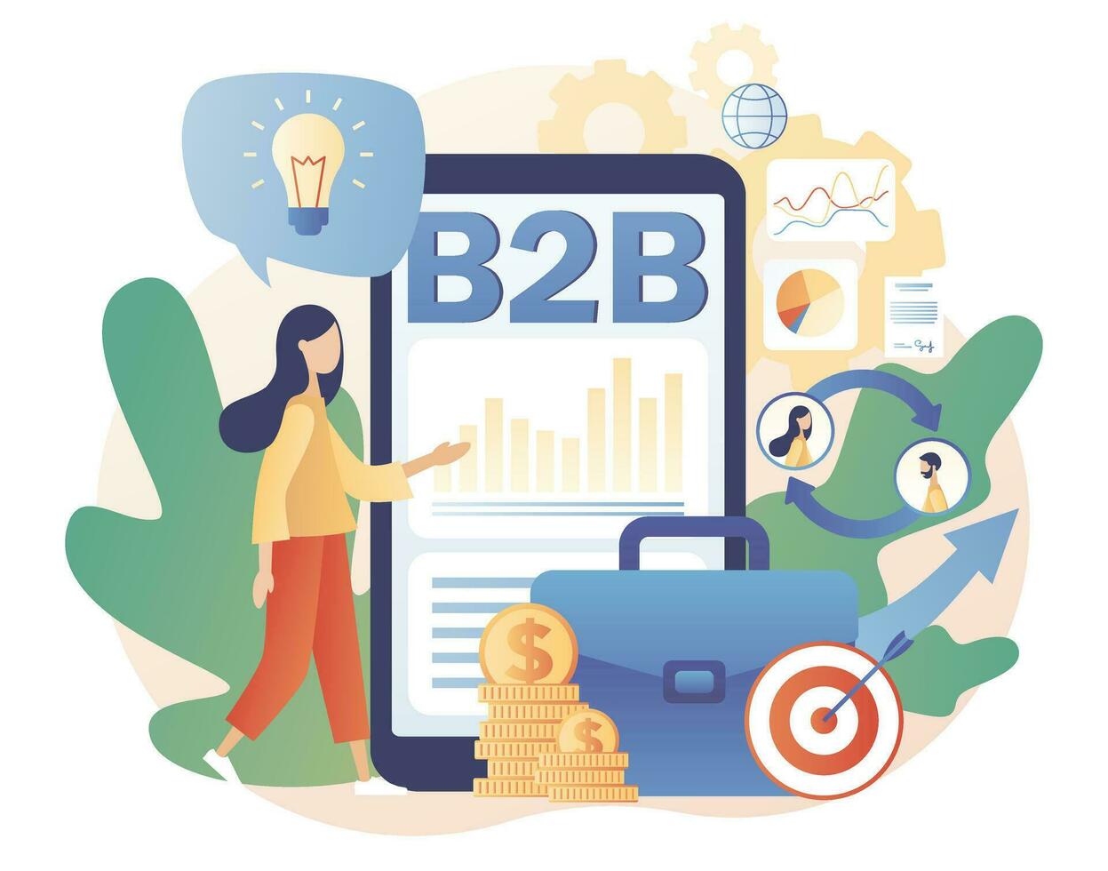 B2B. Business to business. Tiny businesswoman enter into agreement online. Successful business collaboration. Marketing strategy, commerce. Modern flat cartoon style. Vector illustration