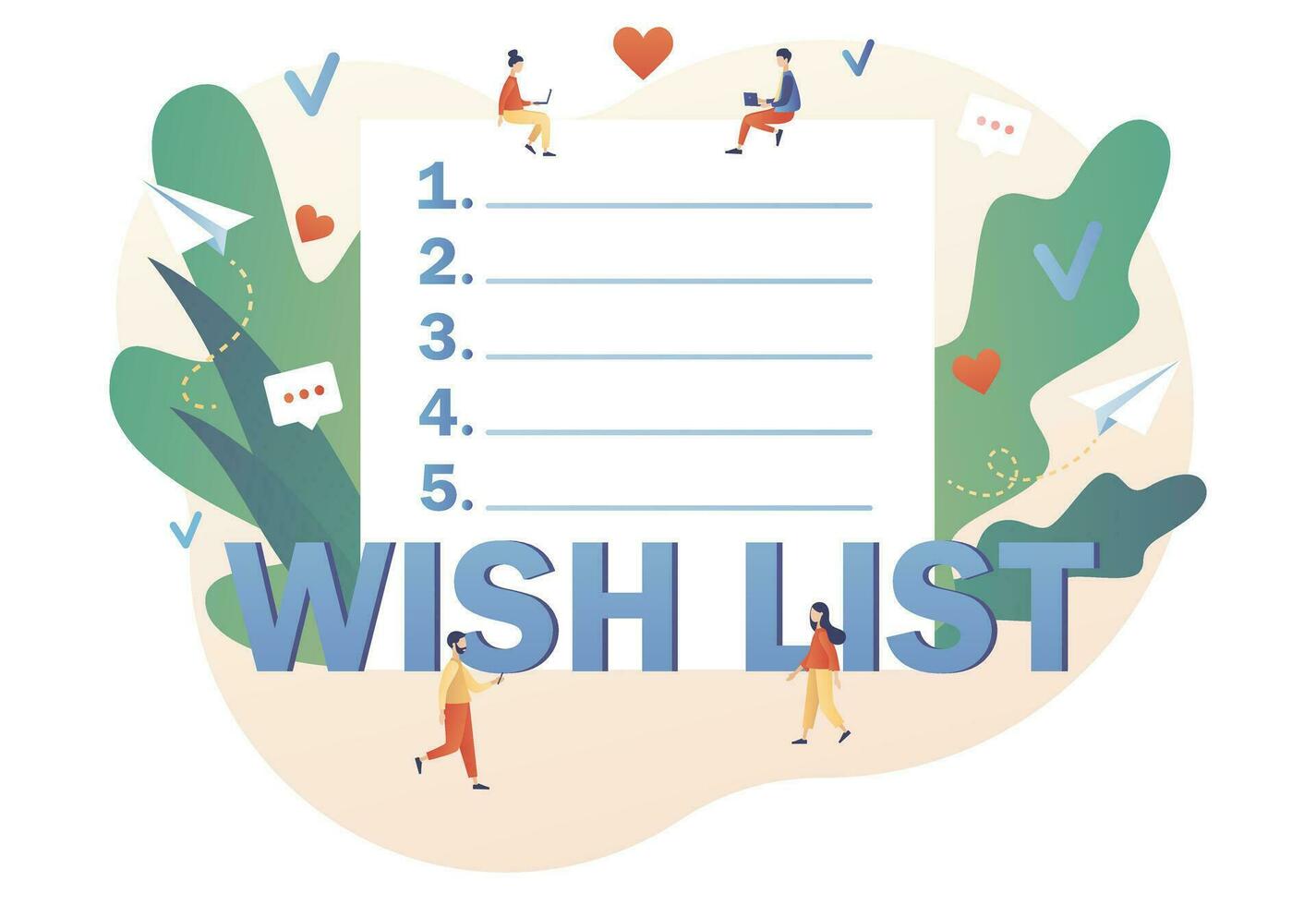 Wishlist concept. Personal favourites list. Gift and shopping list online. Tiny people writing down wishes. Order and payment. Modern flat cartoon style. Vector illustration on white background