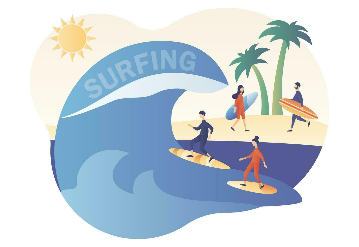 minúsculo personas surfistas en ropa de playa con tablas de surf en mar o Oceano captura el ola. surf concepto. navegar club o tienda. moderno plano dibujos animados estilo. vector ilustración en blanco antecedentes