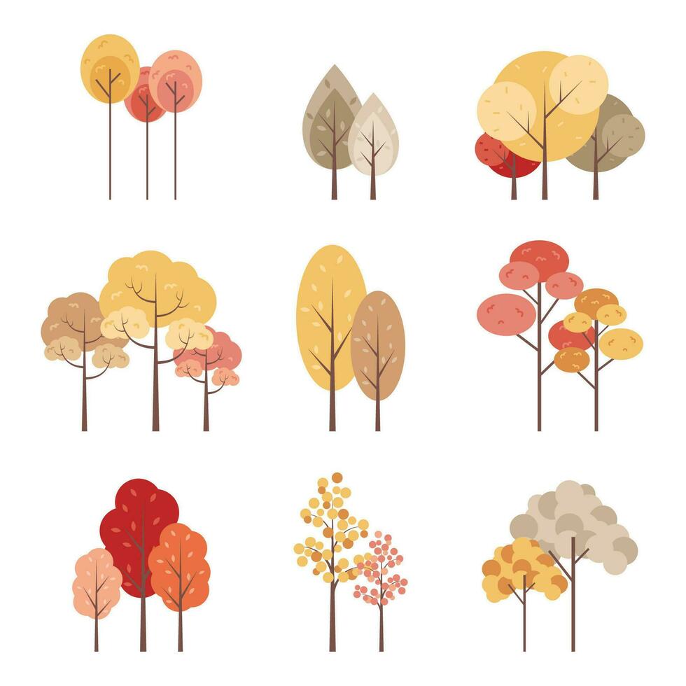 Yellow autumn trees. Colorful garden tree, autumnal garden bush and fall season tree leaves. Forest gold and green branches, autumn yellow and orange park trees. Isolated vector illustration icons set