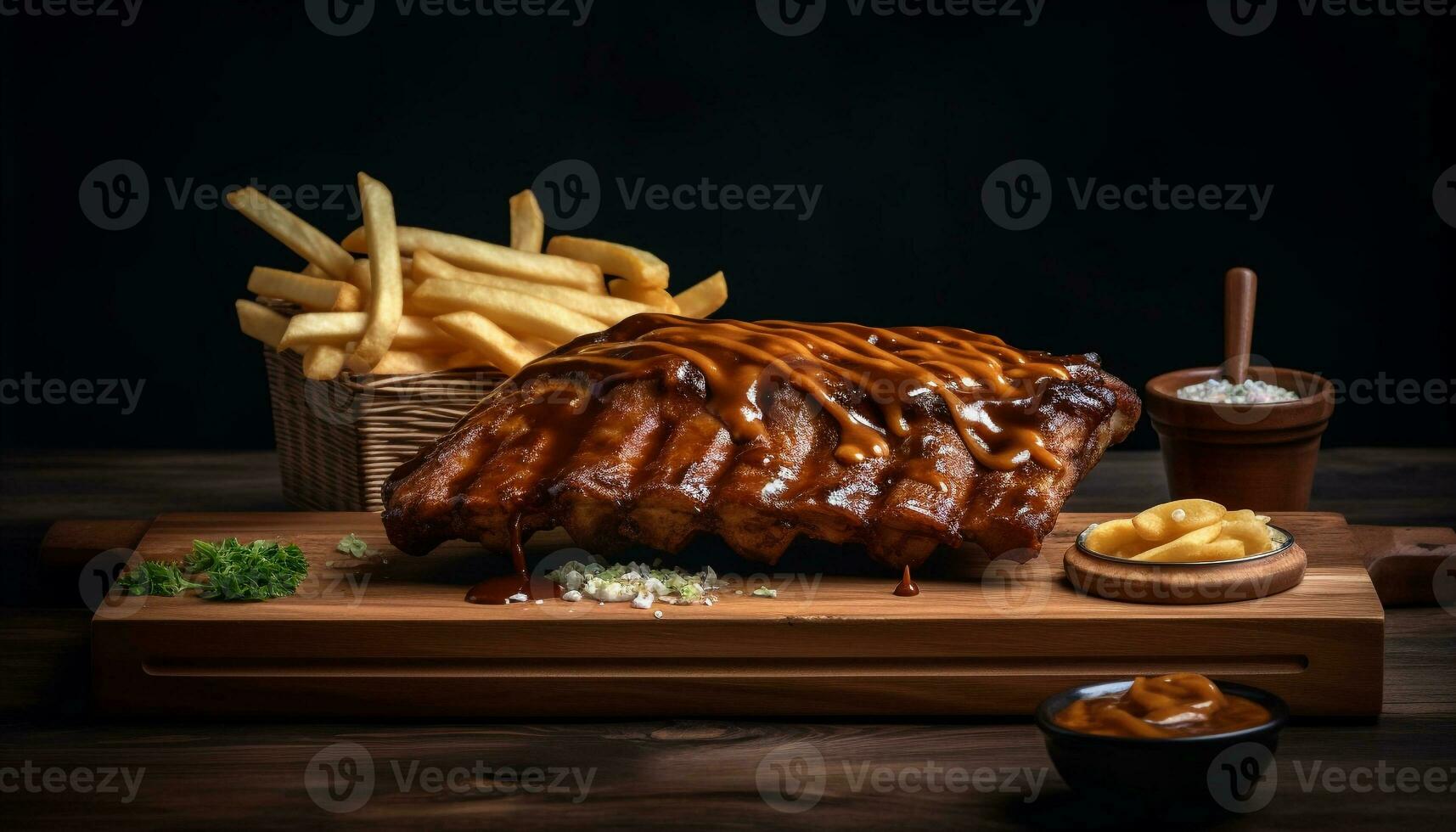 Grilled pork steak on rustic wooden plate generated by AI photo